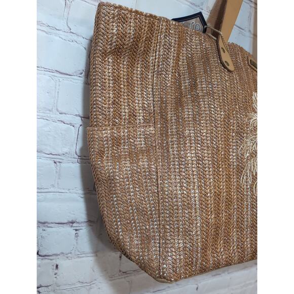 Sun 'N' Sand Woven Poly Straw Beach Tote Bag Faux Leather Handles Embroidered - Picture 7 of 15